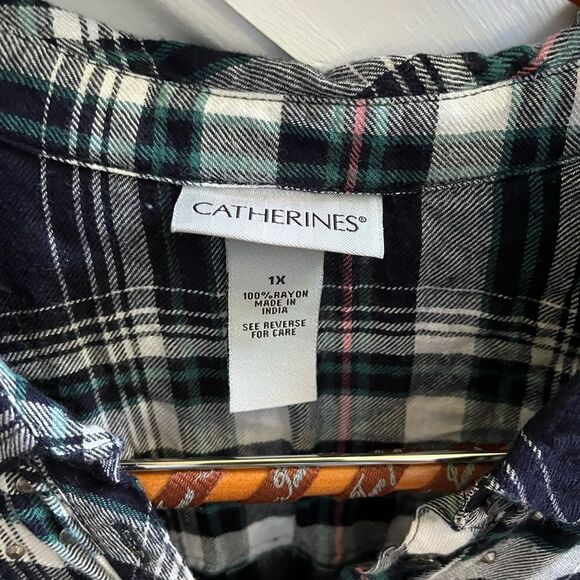 Catherines Rayon Plaid Studded Button Down Shirt sz 1X - Picture 5 of 5